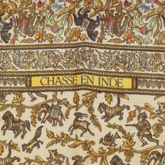 HERMES Carre 90 CHASSE EN INDE Scarf Silk Cashmere Brown Auth am4909 - Picture 9 of 15